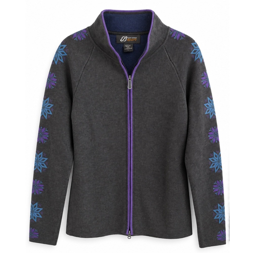 Eddie Bauer Sport Womens Gray Snowflake Full Zip Sweater Jacket Mock Neck Large